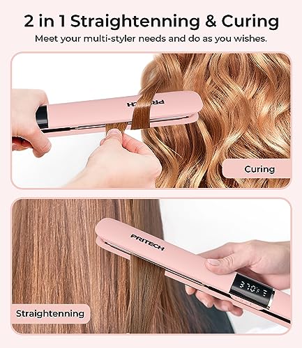 PRITECH Flat Iron Hair Straightener, Titanium Flat Iron with Adjustable Temp(290°F-450°F), 1 inch Plate for All Hairstyles Anti-Frizz Dual Voltage Straightening and Curler 2 in 1 (Pink) - Image 4