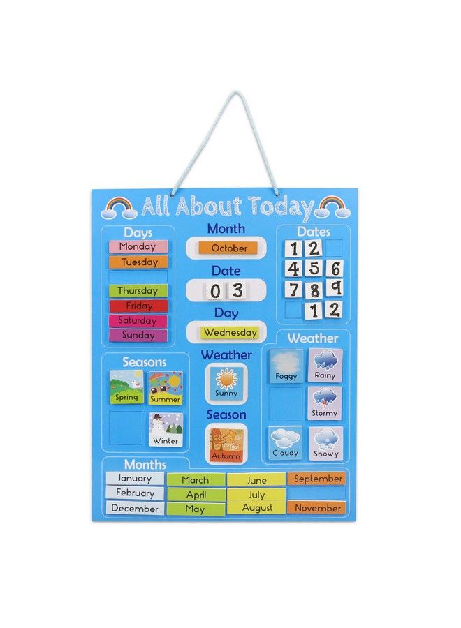 Navaris Kids Magnetic Calendar Early Years Learning Weather Date Month Day Season Educational Chart For Children Kids Wall Board Blue - Image 1
