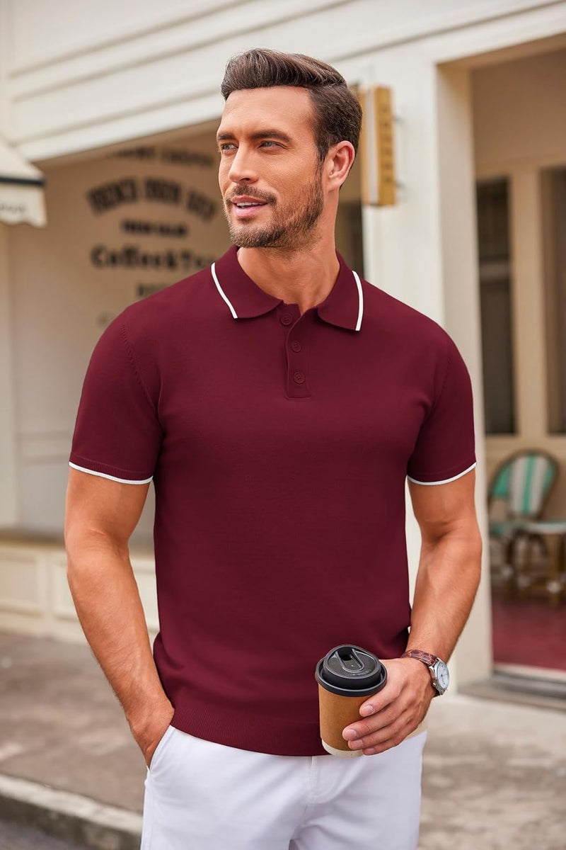 COOFANDY Men's Casual Short Sleeve Knit Polo Shirt - E-wine Red with White Stripes - Image 2