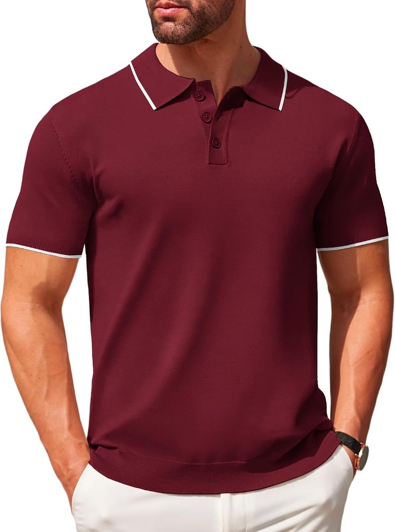 COOFANDY Men's Casual Short Sleeve Knit Polo Shirt - E-wine Red with White Stripes - Image 1