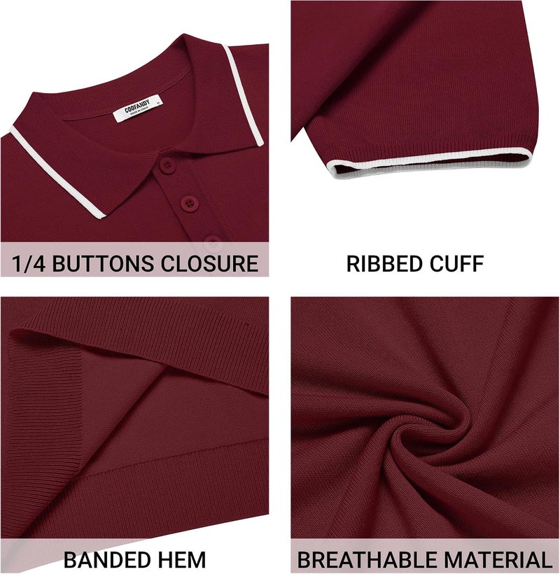 COOFANDY Men's Casual Short Sleeve Knit Polo Shirt - E-wine Red with White Stripes - Image 5