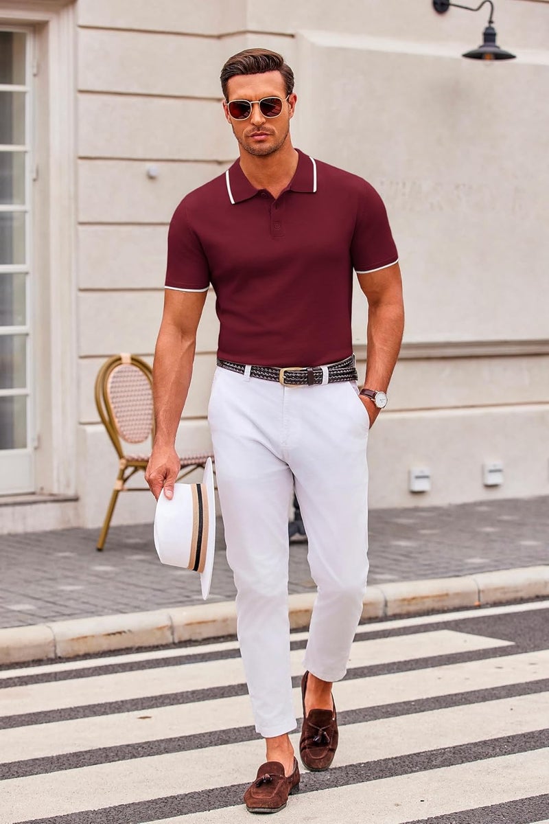 COOFANDY Men's Casual Short Sleeve Knit Polo Shirt - E-wine Red with White Stripes - Image 4