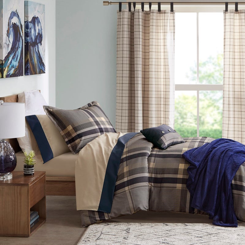 Intelligent Design Robbie Cozy Comforter Set Bed in A Bag Modern Casual All Season Bedding Set Matching Sham Decorative Pillow NavyTan Twin XL 7 Piece - Image 1