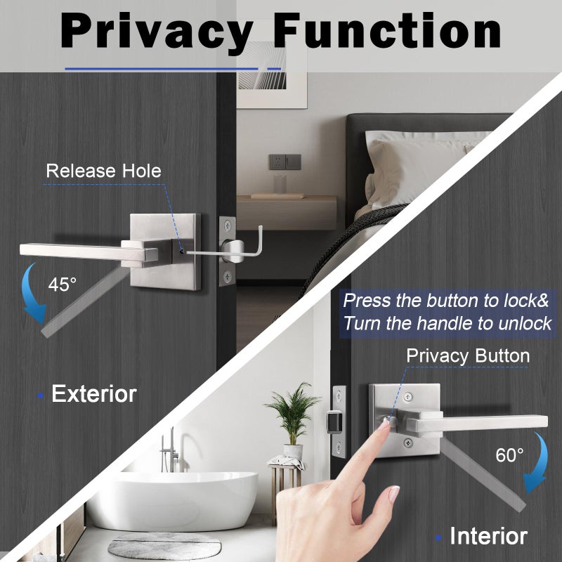 Orger 5 Pack Square Privacy Door Handle Satin Nickel Keyless Door Lever, Bed Bath Door Handle for Left/Right Handed Doors Interior Privacy Door Lever, Modern Door Lever Stainless Steel - Image 2