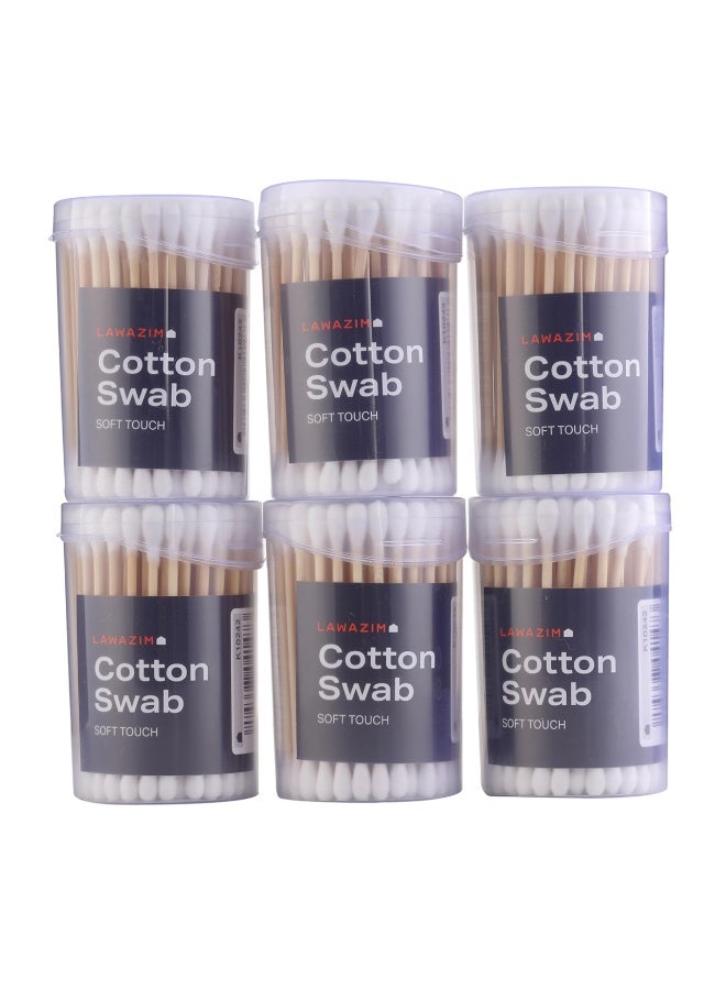 erorex Lawazim Cotton Swab Soft Touch 6 Pack Wooden Stick 100 Percent Organic Cotton Double Head - Image 1