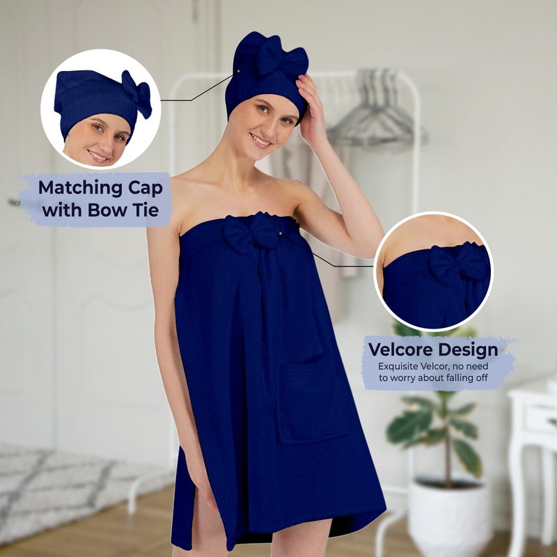 Rangoli 100% Cotton Bath Wrap Towel for Women with Microfiber Shower Cap - Ultra-Soft, Absorbent Spa and Shower Robes (Large, Navy Blue) - Image 5