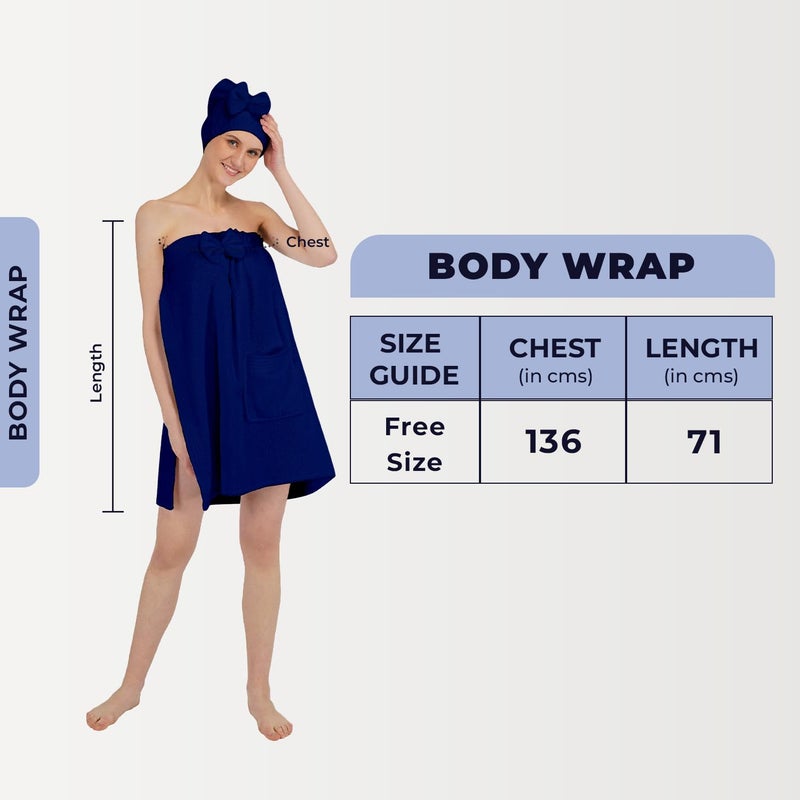 Rangoli 100% Cotton Bath Wrap Towel for Women with Microfiber Shower Cap - Ultra-Soft, Absorbent Spa and Shower Robes (Large, Navy Blue) - Image 4