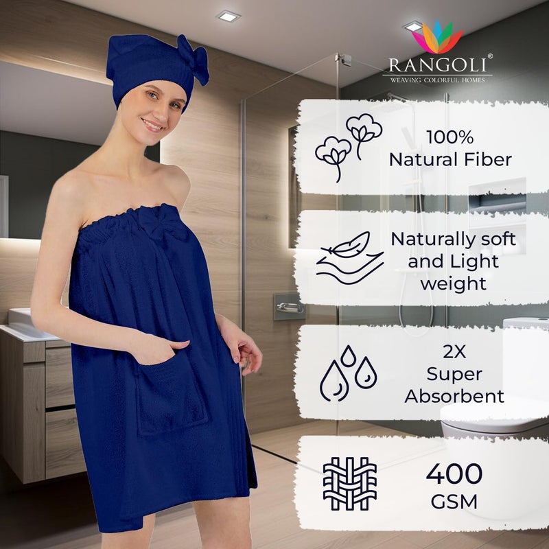 Rangoli 100% Cotton Bath Wrap Towel for Women with Microfiber Shower Cap - Ultra-Soft, Absorbent Spa and Shower Robes (Large, Navy Blue) - Image 2