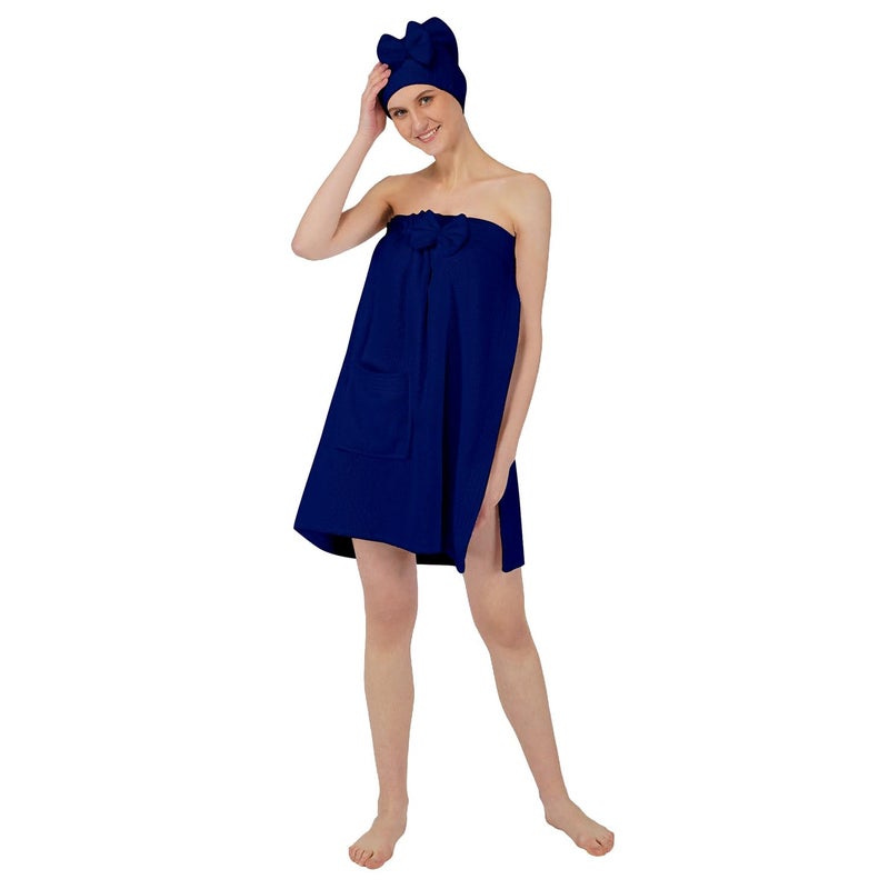 Rangoli 100% Cotton Bath Wrap Towel for Women with Microfiber Shower Cap - Ultra-Soft, Absorbent Spa and Shower Robes (Large, Navy Blue) - Image 1