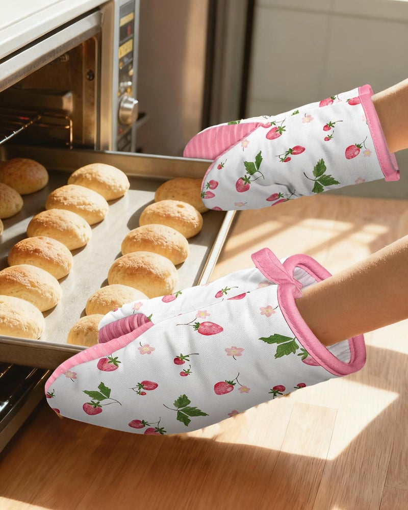 Slohif Cute Strawberry Mini Oven Mitts Set â€“ Pink Extended Short Heat Resistant Kitchen Gloves for Women, 100% Cotton Oven Mitts with Silicone Grips, Non-Slip and Thick Durable for Cooking & Baking - Image 5