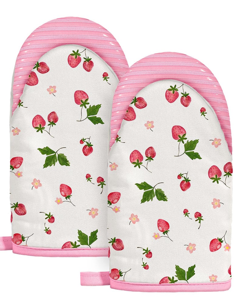 Slohif Cute Strawberry Mini Oven Mitts Set â€“ Pink Extended Short Heat Resistant Kitchen Gloves for Women, 100% Cotton Oven Mitts with Silicone Grips, Non-Slip and Thick Durable for Cooking & Baking - Image 1