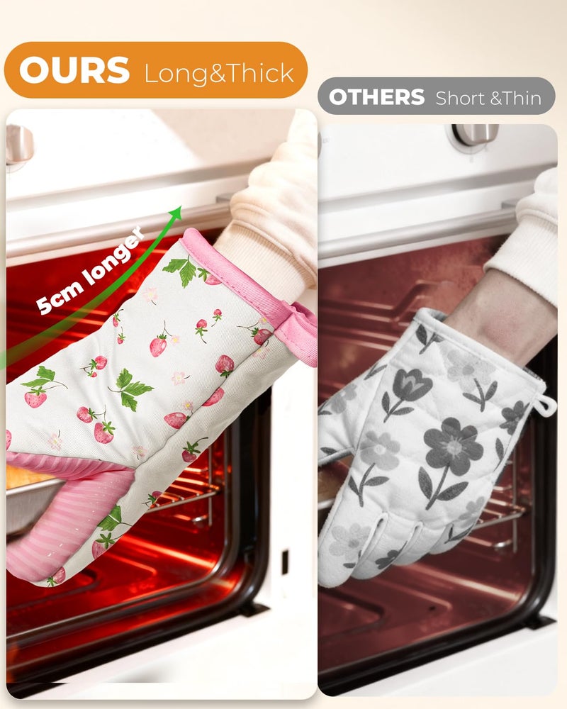 Slohif Cute Strawberry Mini Oven Mitts Set â€“ Pink Extended Short Heat Resistant Kitchen Gloves for Women, 100% Cotton Oven Mitts with Silicone Grips, Non-Slip and Thick Durable for Cooking & Baking - Image 3