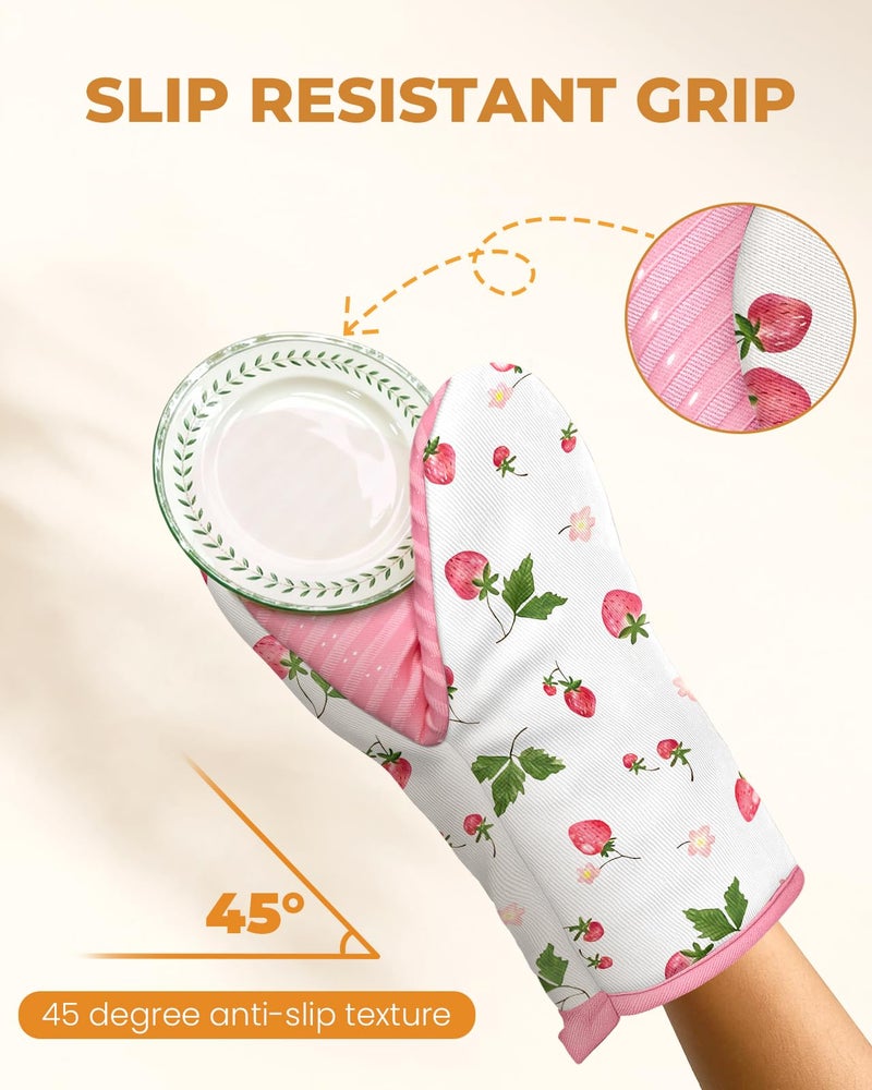 Slohif Cute Strawberry Mini Oven Mitts Set â€“ Pink Extended Short Heat Resistant Kitchen Gloves for Women, 100% Cotton Oven Mitts with Silicone Grips, Non-Slip and Thick Durable for Cooking & Baking - Image 4