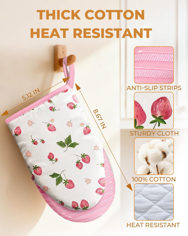 Slohif Cute Strawberry Mini Oven Mitts Set â€“ Pink Extended Short Heat Resistant Kitchen Gloves for Women, 100% Cotton Oven Mitts with Silicone Grips, Non-Slip and Thick Durable for Cooking & Baking - Image 2