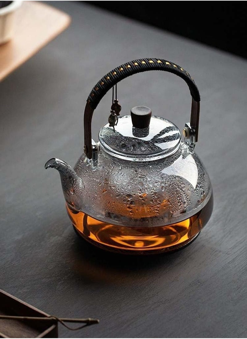 1000ml Japanese style glass teapot with detachable insert, stove style safety teapot, flowering and leaf scattering tea set (gray)