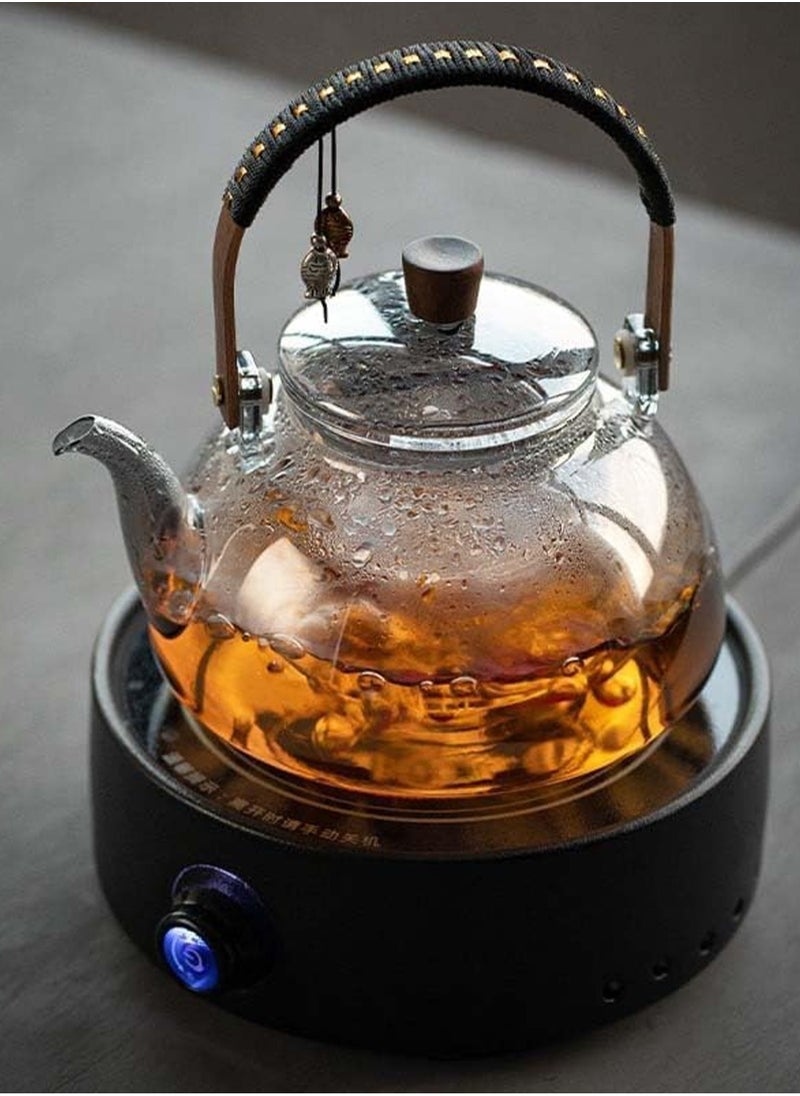 1000ml Japanese style glass teapot with detachable insert, stove style safety teapot, flowering and leaf scattering tea set (gray)
