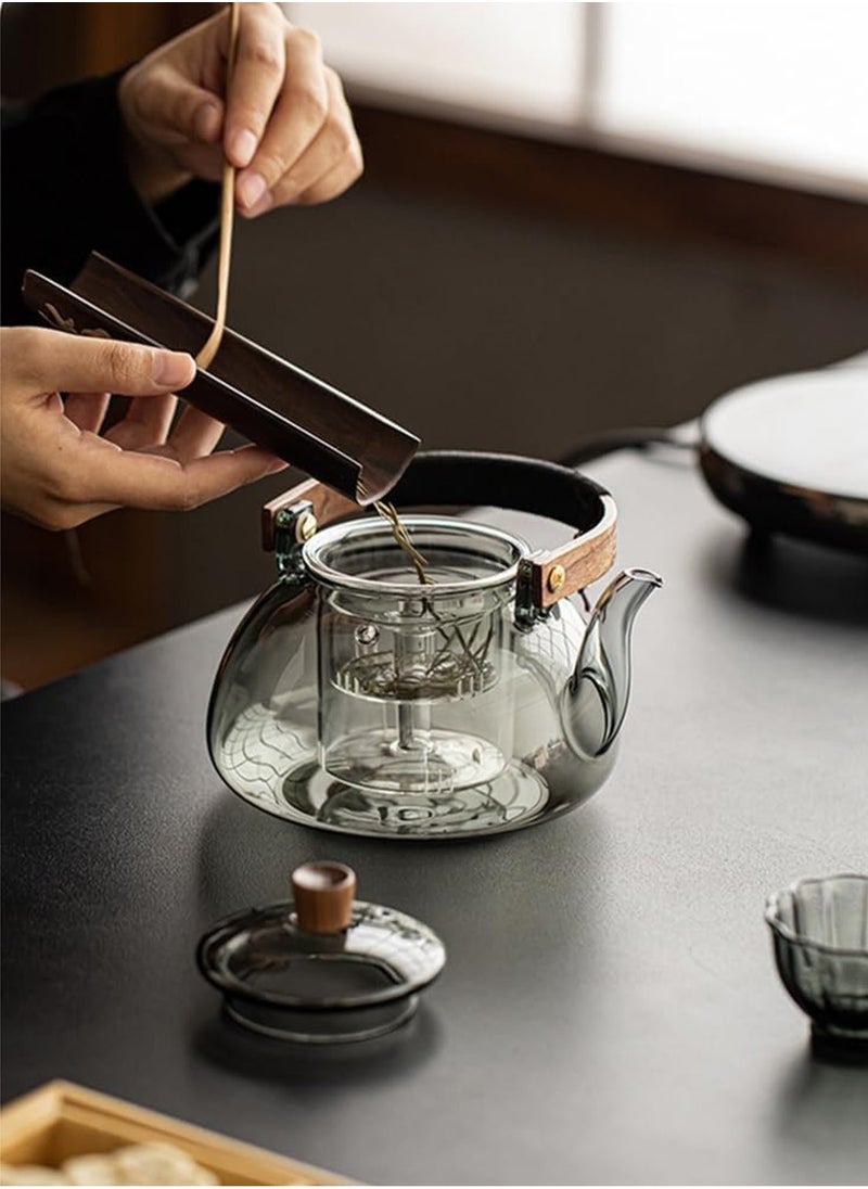 1000ml Japanese style glass teapot with detachable insert, stove style safety teapot, flowering and leaf scattering tea set (gray)