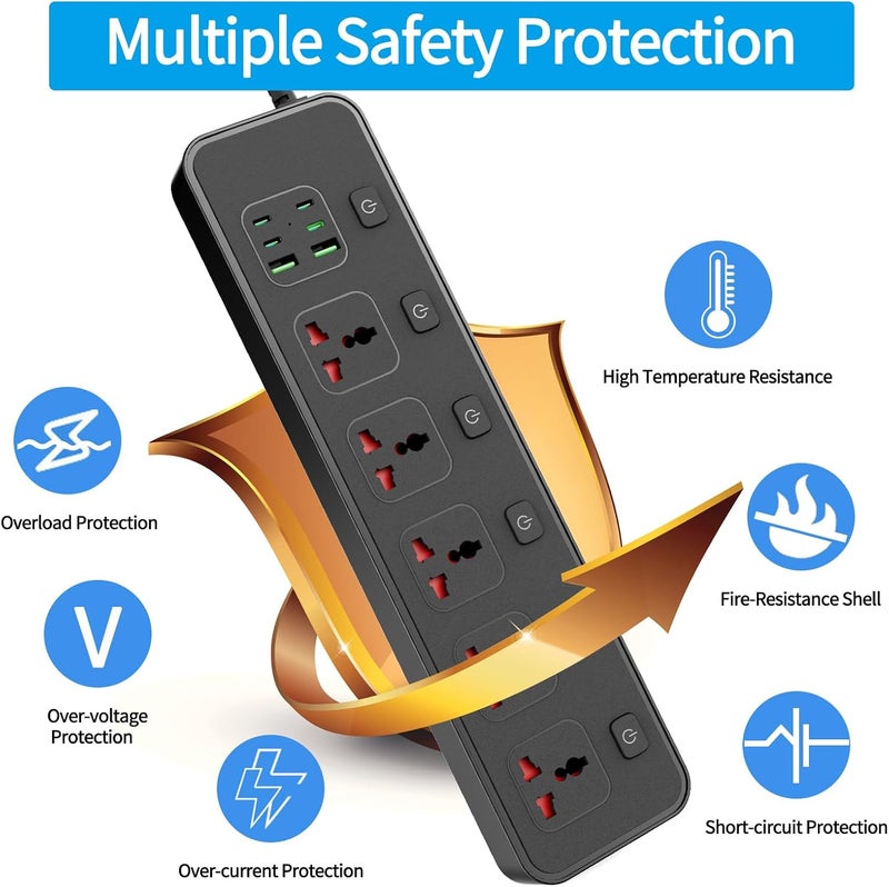 Jumpso USB C Power Strip with Individual Swtich, 6ft Universal Extension Cord with 5 Outlets and 2 USB 4 USB C Ports, Flat Plug, Max 3000w, 110-240v, Multiple Outlets Extender for Office Travel - Image 5