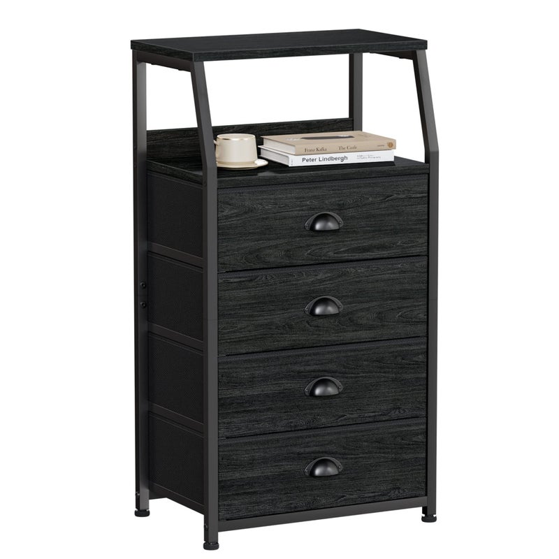 Furnulem Tall 4 Drawers Dresser, Vertical Storage Tower Black Dresser for Bedroom, Hallway, Entryway, Nursery, Closet Organizer, Nightstand Bedside Table Furniture, Sturdy Steel Frame, Wood Top - Image 1