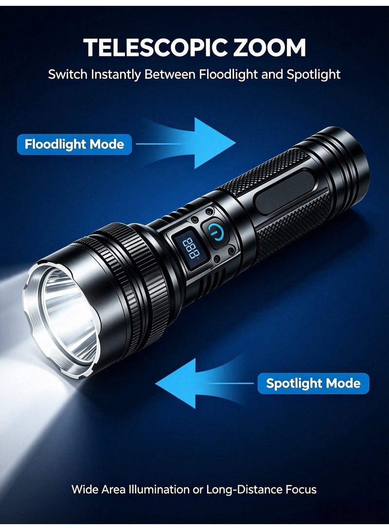 Nariele SD-WH911 Rechargeable LED Flashlight, Digital Power Display Zoomable Super Bright Torch, Strong Flashlight, Rechargeable Flashlight, Outdoor Flashlight，Type-C Charging Portable Waterproof Flashlight For Outdoor Camping Emergency - Image 3