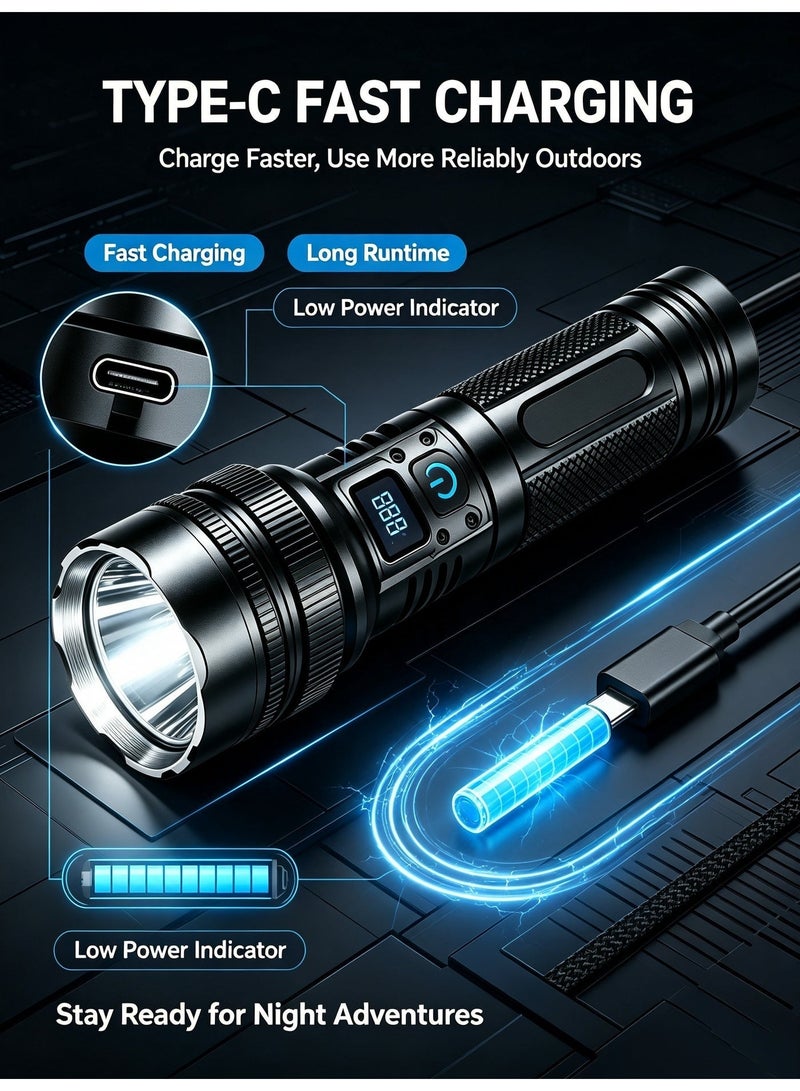 Nariele SD-WH911 Rechargeable LED Flashlight, Digital Power Display Zoomable Super Bright Torch, Strong Flashlight, Rechargeable Flashlight, Outdoor Flashlight，Type-C Charging Portable Waterproof Flashlight For Outdoor Camping Emergency - Image 4