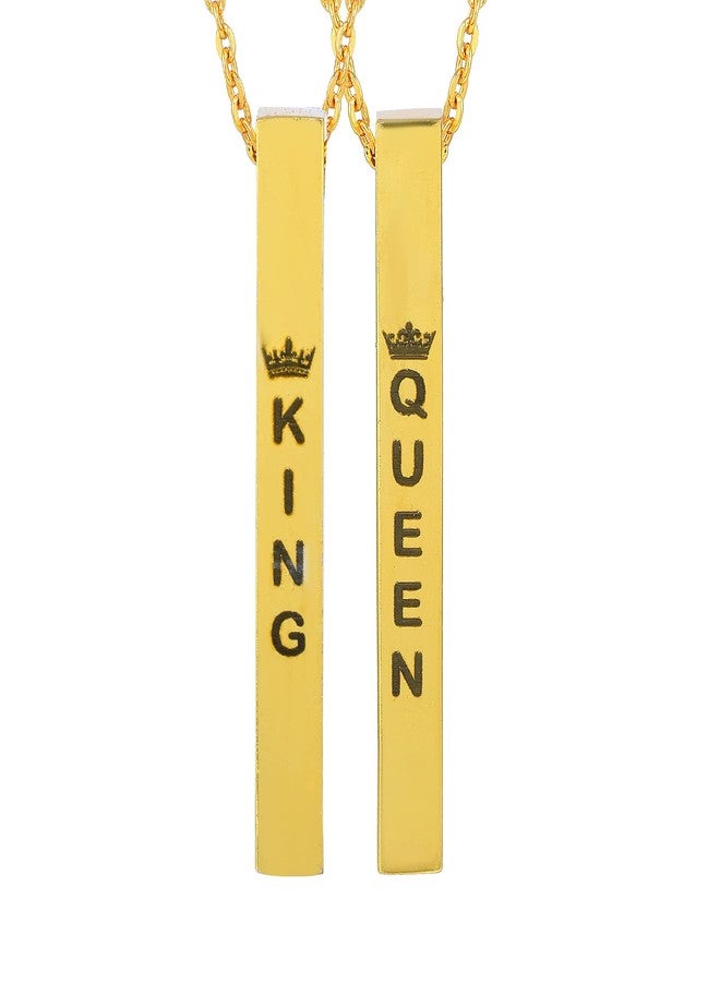 Memoir Brass Goldplated Bar shape King & Queen Fashion pendant Combo Jewellery Men Women (CMKL0618) (Pack of 2 Pendants) - Image 1