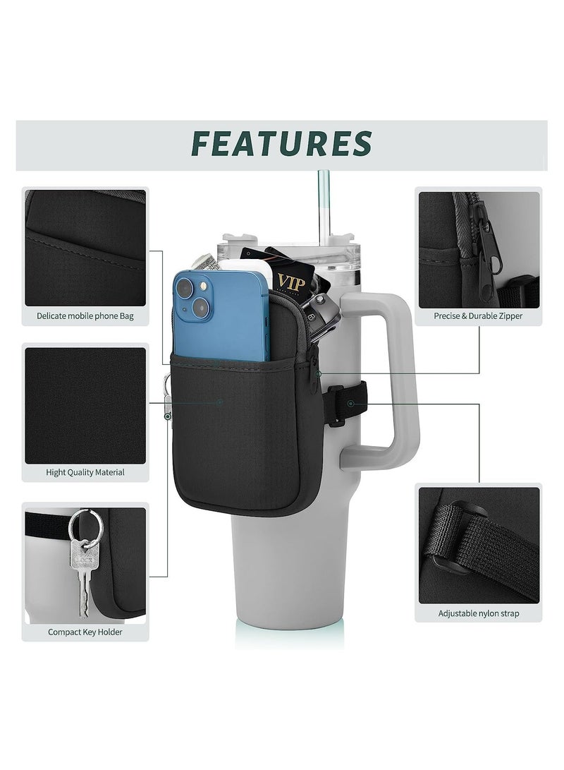 Water Bottle Pouch, Non-Slip Bag with Pocket, Phone Holder for Gym, Cards, Keys, Wallet, Earphone, Compatible Stanley Bottles, Black  - Image 2