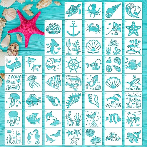 CH HAICHENG 50 PCS Ocean Animal Painting Stencils Reusable Sea Stencils for Painting on Wood Rocks Canvas Fabric Glass Pottery 4x4 Inch - Image 1