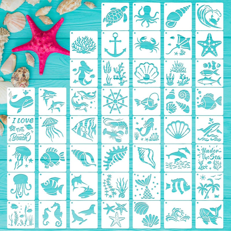 CH HAICHENG 50 PCS Ocean Animal Painting Stencils Reusable Sea Stencils for Painting on Wood Rocks Canvas Fabric Glass Pottery 4x4 Inch - Image 3