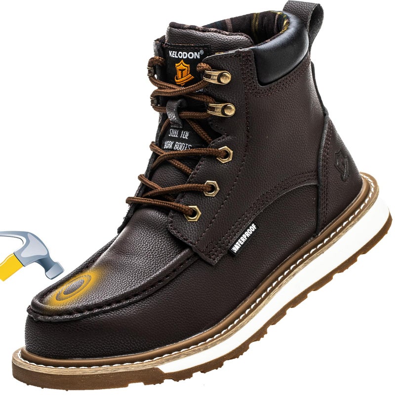 KELODON Waterproof Steel Toe Boots For Men-6" Leather Moc Toe Work Boots Mens Steel Toe Shoes Indestructible Non Slip Resistant Construction Safety Boot,Dark Brown,size 9 Men - Image 1
