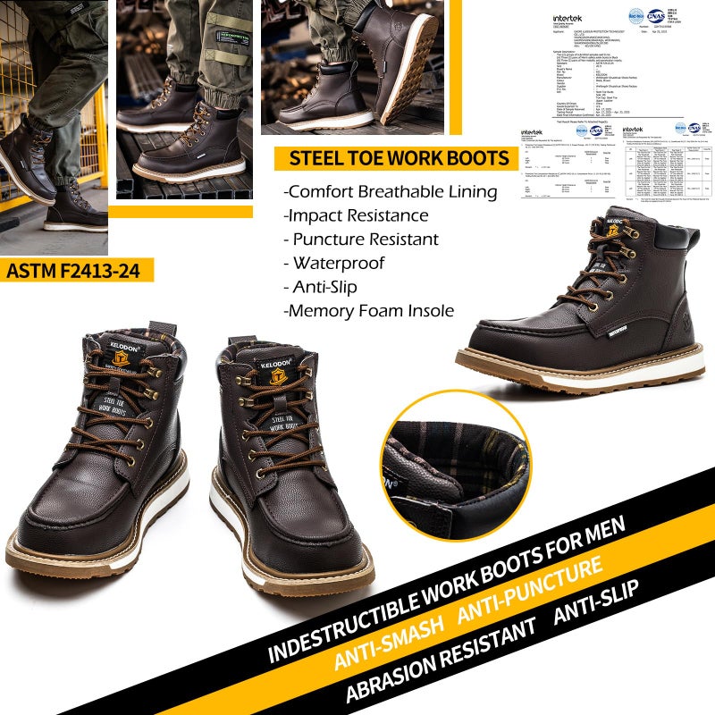 KELODON Waterproof Steel Toe Boots For Men-6" Leather Moc Toe Work Boots Mens Steel Toe Shoes Indestructible Non Slip Resistant Construction Safety Boot,Dark Brown,size 9 Men - Image 3
