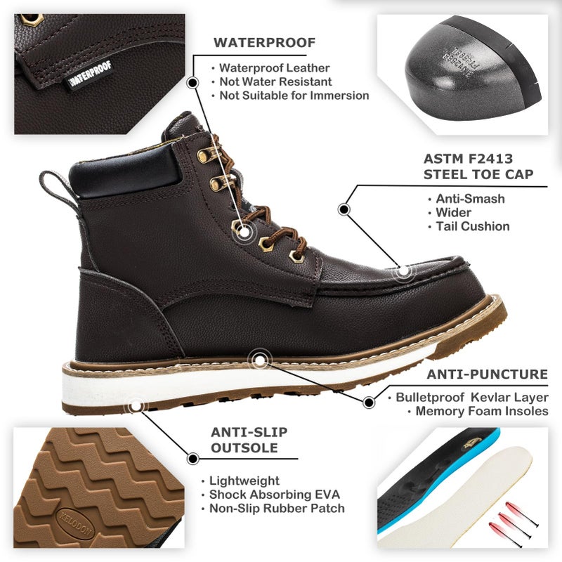 KELODON Waterproof Steel Toe Boots For Men-6" Leather Moc Toe Work Boots Mens Steel Toe Shoes Indestructible Non Slip Resistant Construction Safety Boot,Dark Brown,size 9 Men - Image 2
