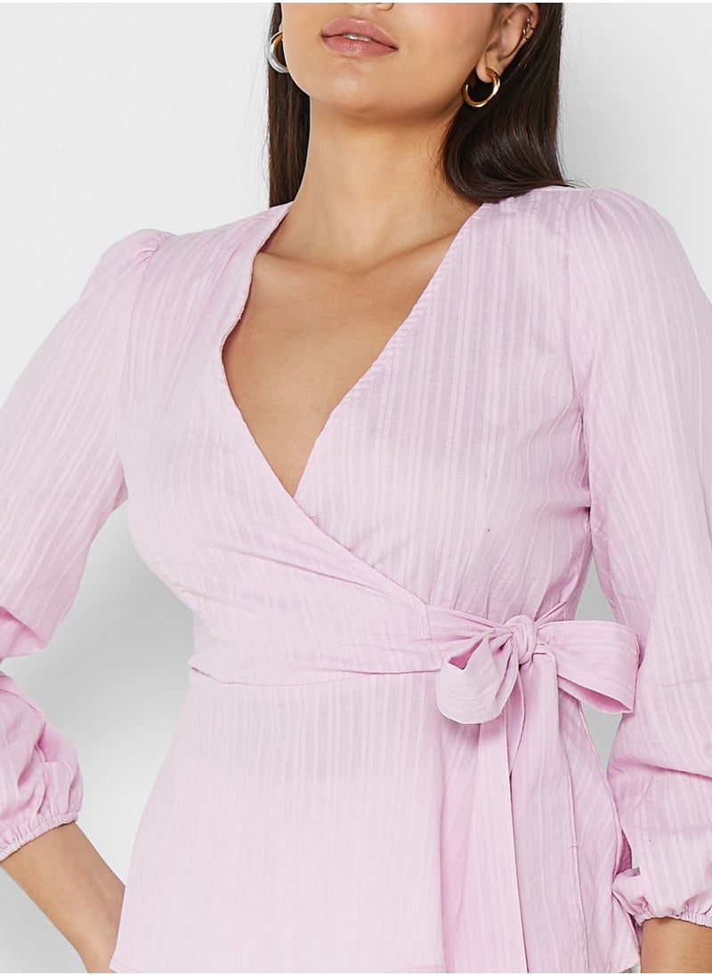 ELLA - Tie Waist Puff Sleeve Peplum Top - Image 1