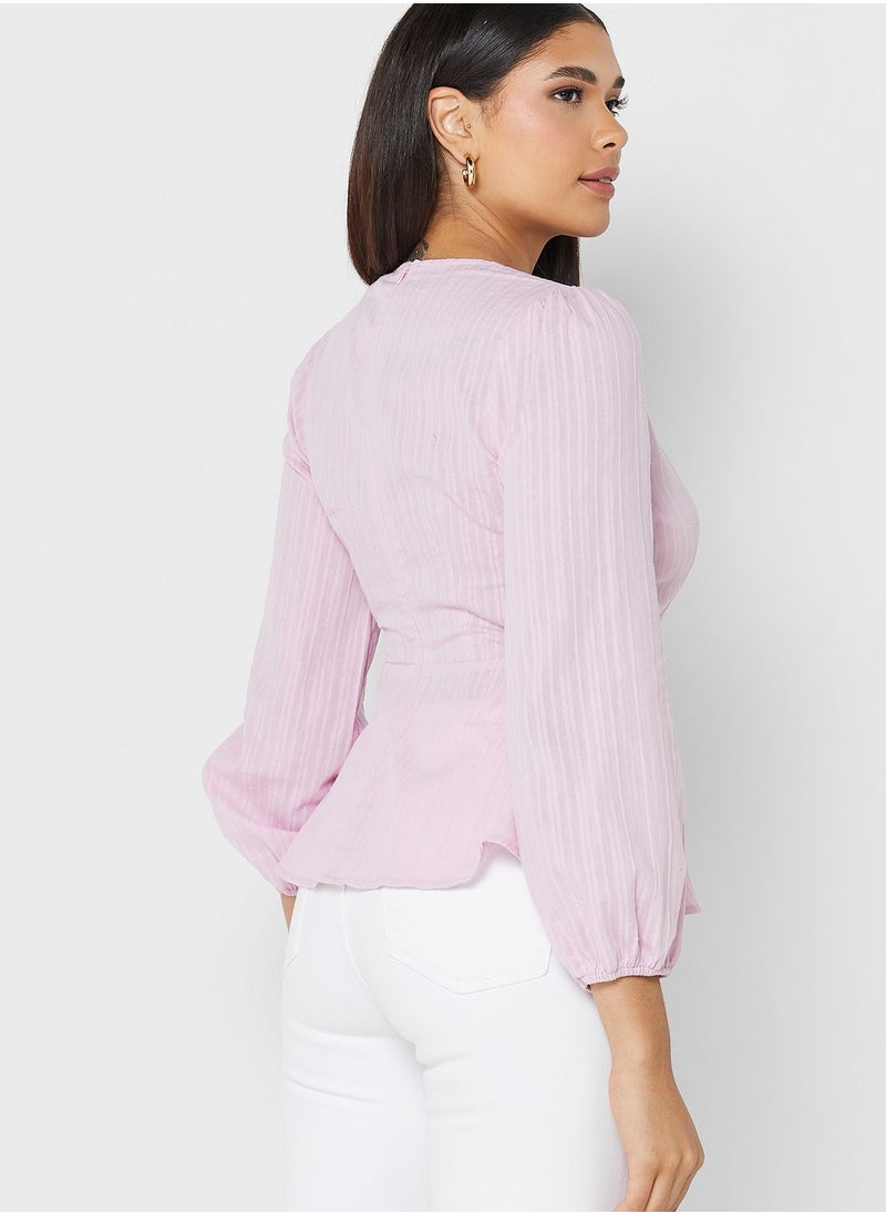 ELLA - Tie Waist Puff Sleeve Peplum Top - Image 1