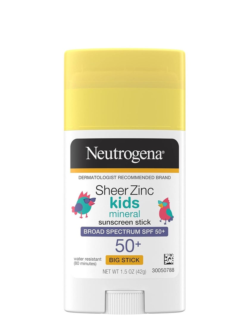 Neutrogena Sheer Zinc Oxide Kids Mineral Sunscreen Stick, Broad Spectrum SPF 50+ & UVA/UVB Protection & Water Resistant with Residue-Free, No-Mess Application, Oil- & Paraben-Free, 1.5 ozounce - Image 1