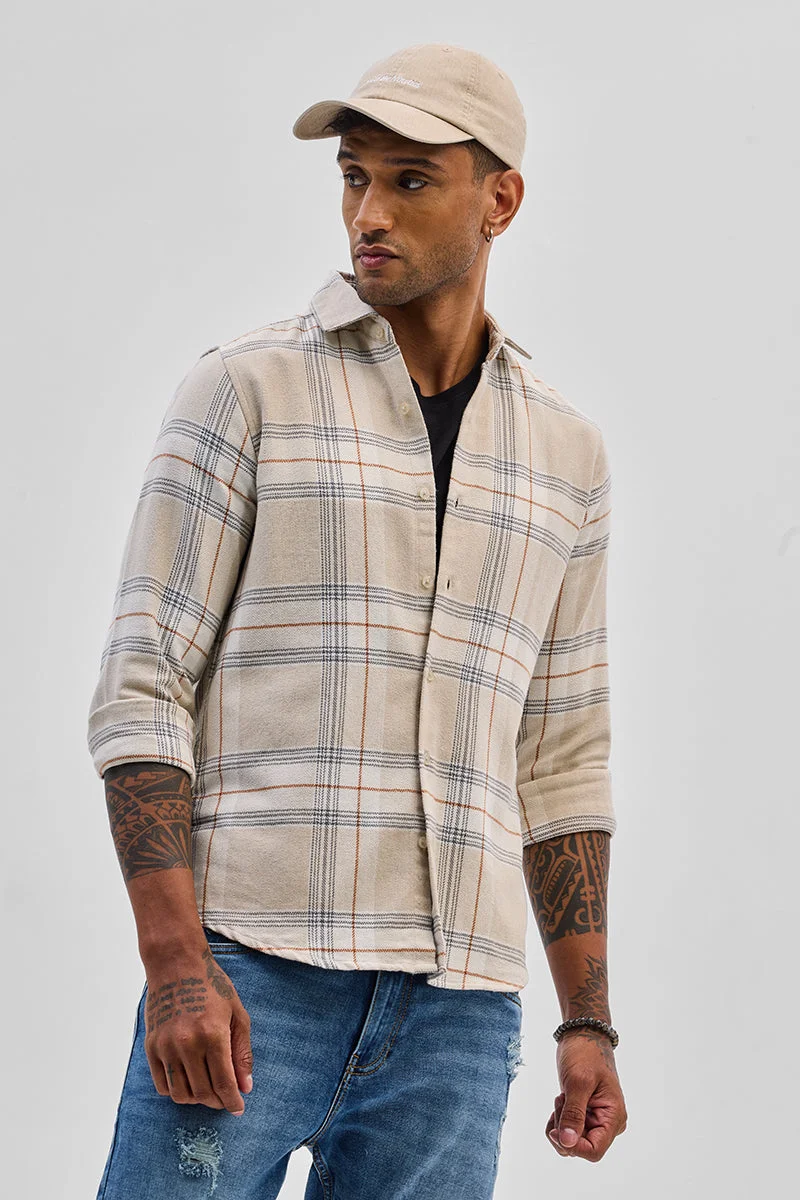 SNITCH Beige Checks Slim Fit Shirt