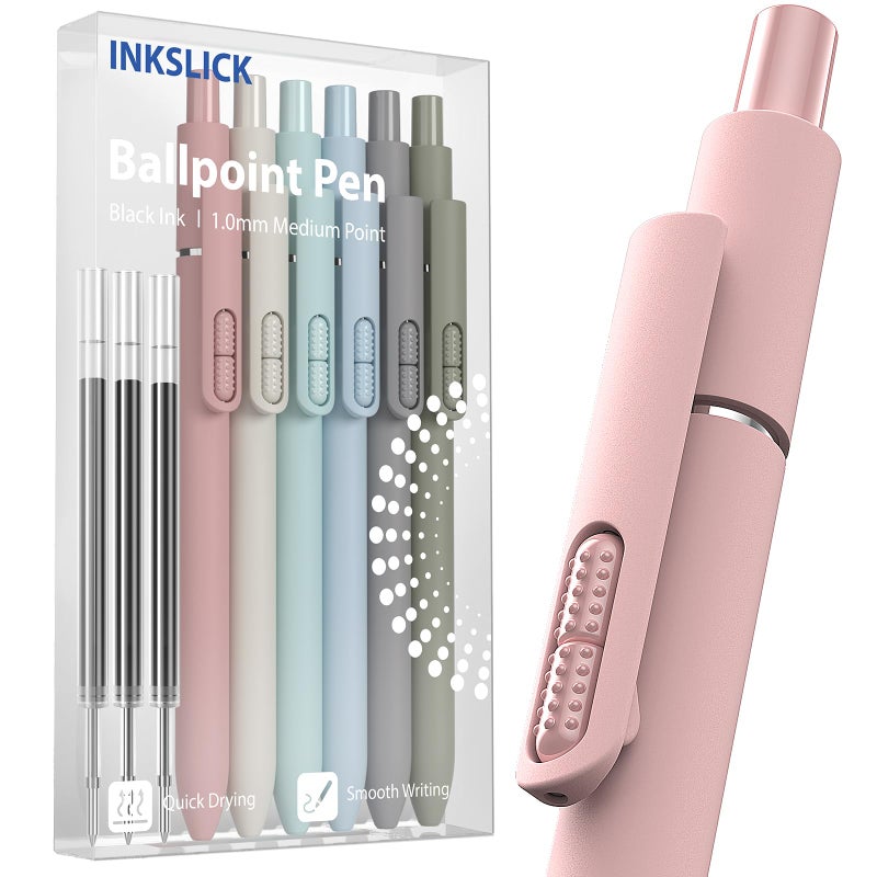 InkSlick 9 Pack Black Ballpoint Pens - 1.0mm Medium Point Smooth Writing Black Ink Ball Point Pens Long Lasting Retractable Fidget Pens for Adults, Men, Women, School, Office (6 Pens & 3 Refills) - Image 1