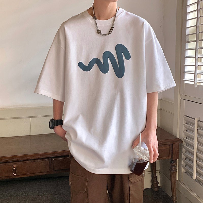 High-end white line print short-sleeved T-shirt men's summer plus size 150kg trendy loose couple cotton top - Image 3