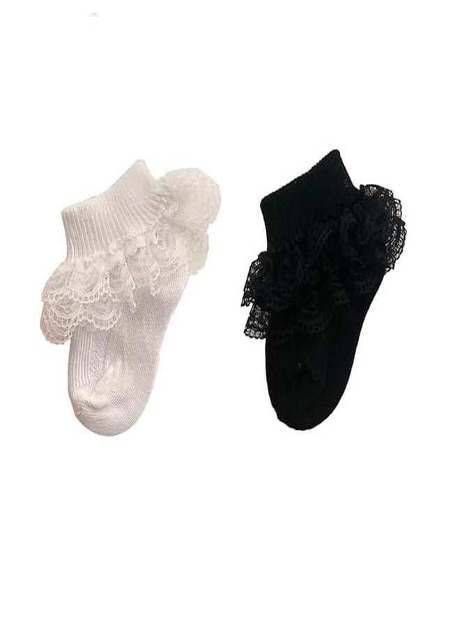 BABY STATION Baby Girls Socks Eyelet Ruffle Lace Sock Baby Socks Newborn/Infant/Toddlers Frilly Summer Thin Dress Sock Pack Of 2 (Age, 6 Months, 12 Months, Black/White) - Image 1