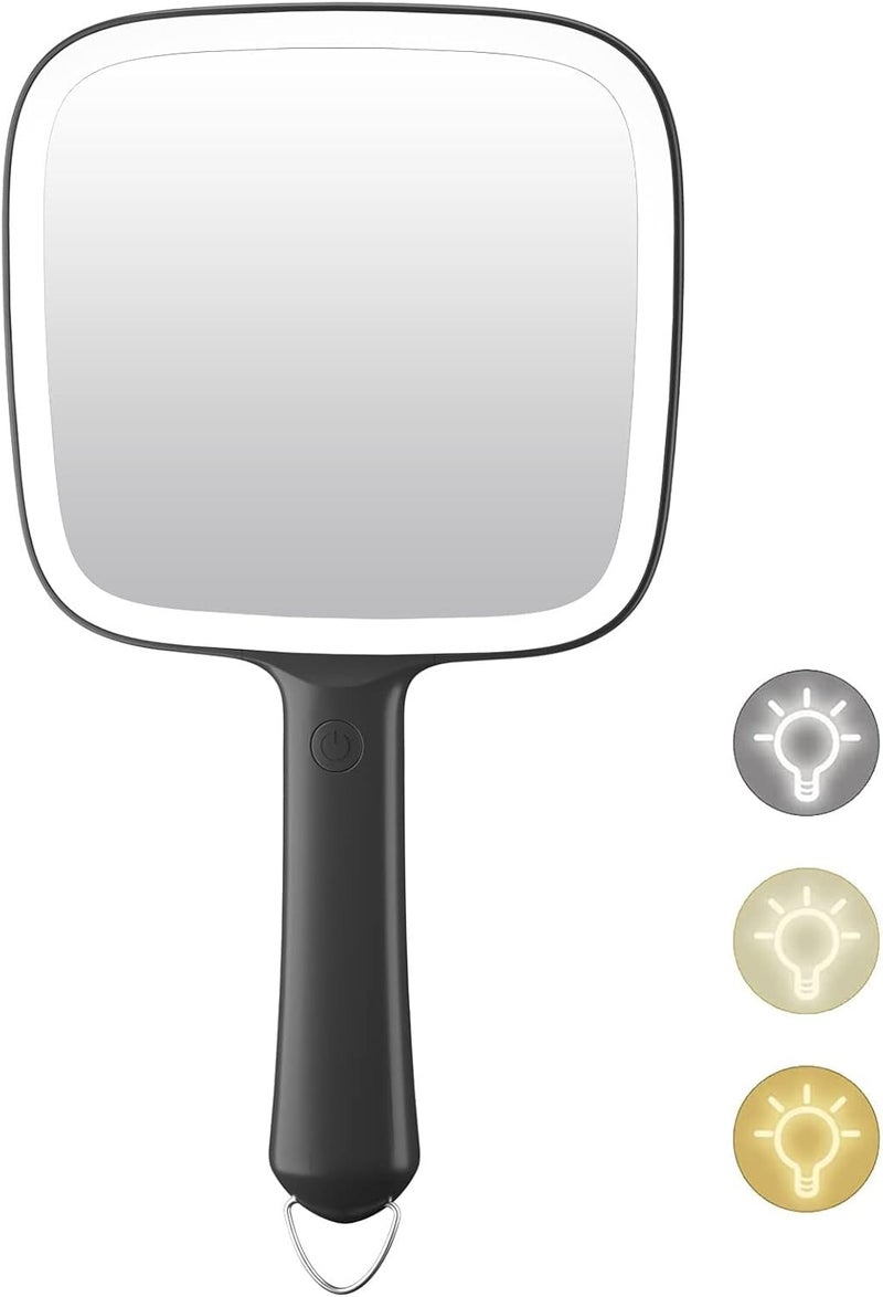 Famihomii Hand Mirror with 3 Light Color & Dimmable, 6.2'' X 5.9'' Lighted Handheld Mirror, Lightweight & Durable, Portable & Hangable for Makeup Application, Hair Styling, Shaving or Travel, Battery Operated