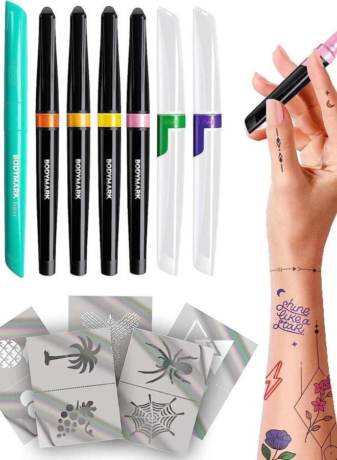 BodyMark BIC BodyMark Expansion Pack Temporary Tattoo Marker for Skin, Premium Brush Tip, 6 Count Pack of Assorted Colors and Stencils, One Eraser Touch Up Pen, Skin-Safe Temporary Tattoo Markers Set - Image 1