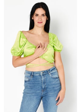 Asos Luxe Women Scoop Neck Short Sleeve Cut Out Back Top, Lime Green  - Image 1