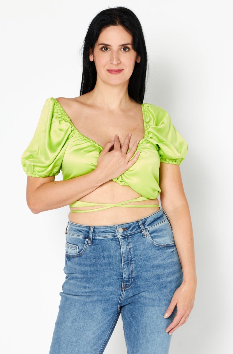 Asos Luxe Women Scoop Neck Short Sleeve Cut Out Back Top, Lime Green - Image 1