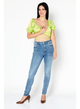 Asos Luxe Women Scoop Neck Short Sleeve Cut Out Back Top, Lime Green  - Image 3