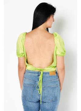 Asos Luxe Women Scoop Neck Short Sleeve Cut Out Back Top, Lime Green  - Image 2