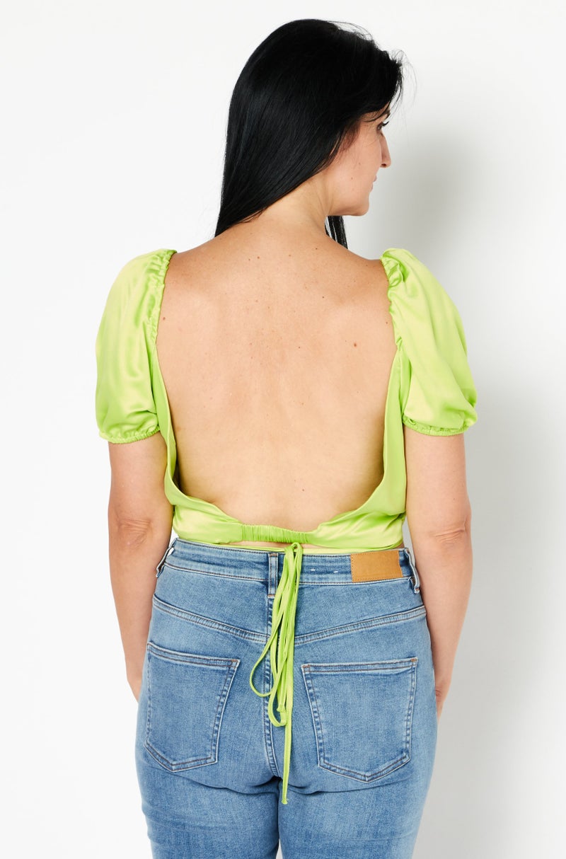Asos Luxe Women Scoop Neck Short Sleeve Cut Out Back Top, Lime Green - Image 2