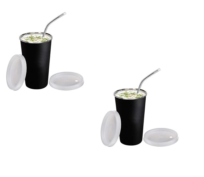 PARABRAHMA 2 pcs Stainless Steel Air Tight Glass with Sipper Lid Straw with Extra Travel Lid for Kids 300ml Set of 2 Black 300 ML2 Pcs - Image 1