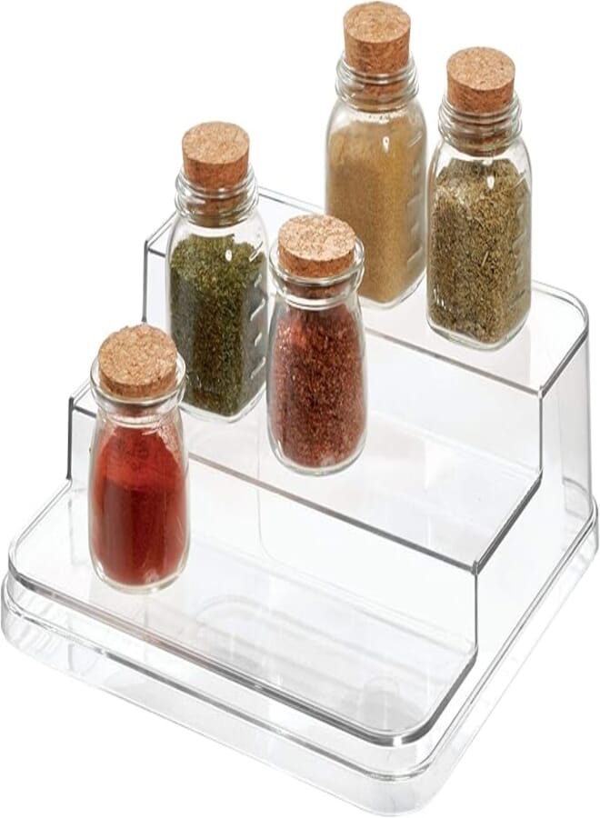 InterDesign iDesign Crisp Plastic Stadium Spice Rack, 3-Tier Organizer for Kitchen Pantry, Cabinet, Countertops, Vanity, Office, Craft Room, 9.6" x 0.55" x 3.47"