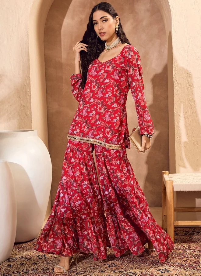 SASSAFRAS Floral Printed Kurti with Sharara for Women