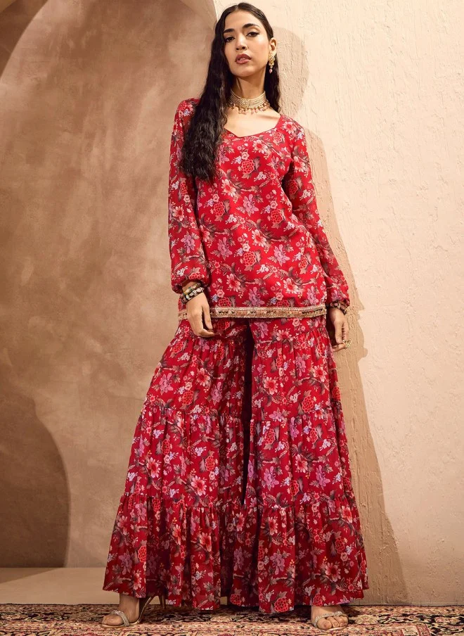 SASSAFRAS Floral Printed Kurti with Sharara for Women